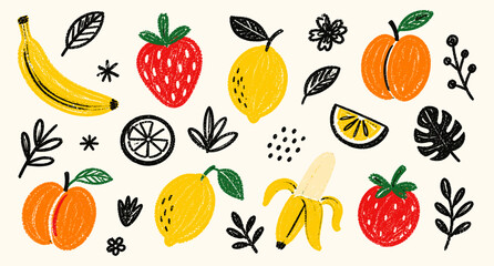 Obraz premium Crayon drawn fruit stickers collection with banana, strawberry, lemon and apricot illustrations. Funky playful childish food clipart icons with chalk texture. Vector illustration.