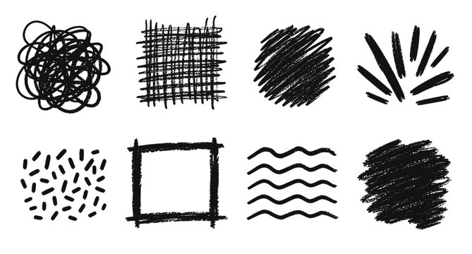 Charcoal scribble texture vector illustration. Grunge crayon crosshatch patterns, messy graphite sketch strokes, rough chalk pencil marks, abstract hand drawn scratch lines and doodle backgrounds