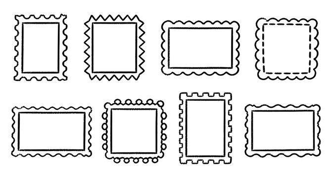 Crayon drawn vintage postcard stamp frames with wavy zigzag borders, retro postal label boxes, whimsical scrapbook rectangles and square text frames for mail card vector illustration
