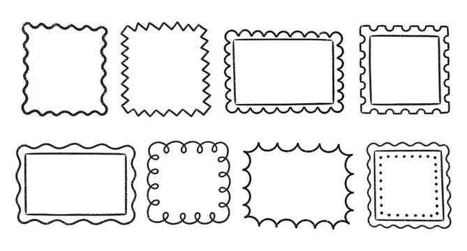 Vintage crayon postcard frames and retro postage stamp borders with hand drawn rectangle and square label boxes, whimsical wavy edge scrapbook frames for postcard vector illustration