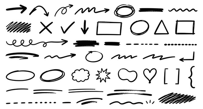 Bold marker arrows and scribble underline collection. Hand drawn doodle brush strokes, swirl circles, abstract highlight shapes, sketch dividers and black marker vector illustration