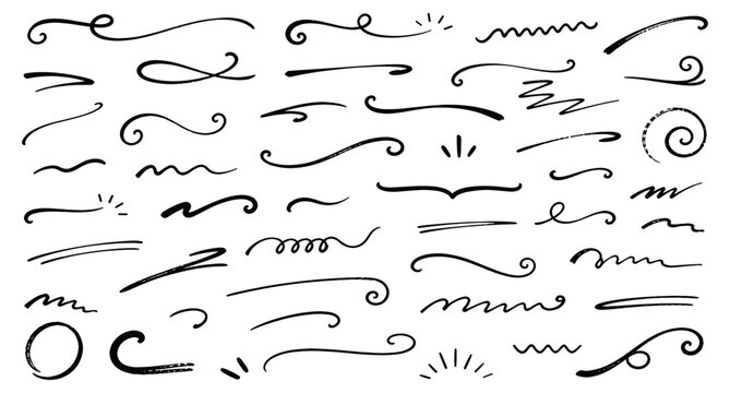 Hand drawn curly swishes and swooshes vector illustration. Calligraphy underline tails, squiggle flourishes, swoop strokes, typography accents, pen curls and decorative swirl lines.