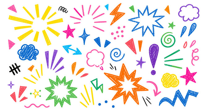 Colorful doodle sunburst explosion elements with comic motion lines, funky crayon sketch stars, firework bursts, playful emphasis symbols and cute cartoon expression shapes. Vector illustration