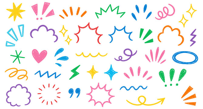 Funky doodle sparkle rays and comic attention marks. Colorful crayon drawn expression symbols, sketch burst accents, shine starburst elements, playful emphasis graphics for vector illustration