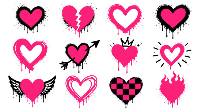 Neon graffiti heart spray paint sticker set with dripping paint splashes, urban street art romance symbols, grunge hip hop Valentine design, pink tattoo style vector illustration
