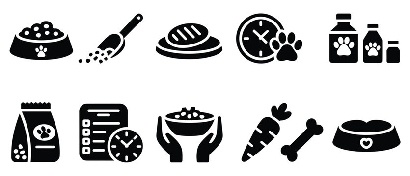 Pet Care Essentials: Icons showcasing the basic needs for pet well-being. grooming, feed, medicine, care, food and nutrition.