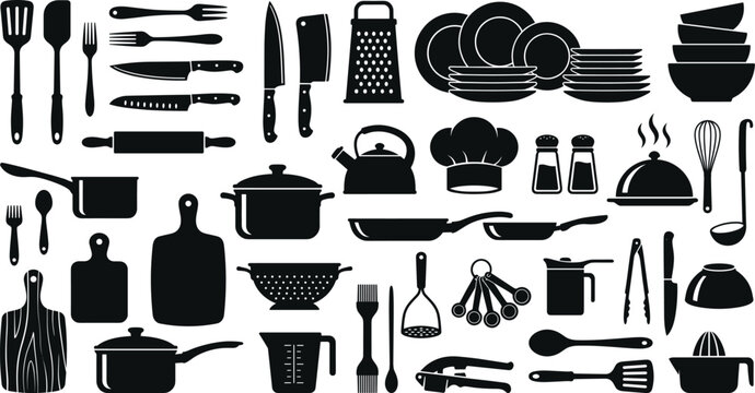 Kitchen Utensil and Cookware Silhouette Collection with Cooking Tools for Restaurant and Culinary Graphic Design Projects