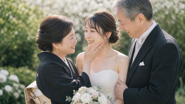 両親に祝福される花嫁の屋外セレモニー
