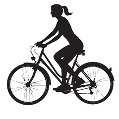 Fototapeta premium Gemini saidA black vector illustration of a woman cyclist riding a mountain bike, showcasing a sporty girl silhouette with wheels and pedals for travel, exercise, and outdoor sports