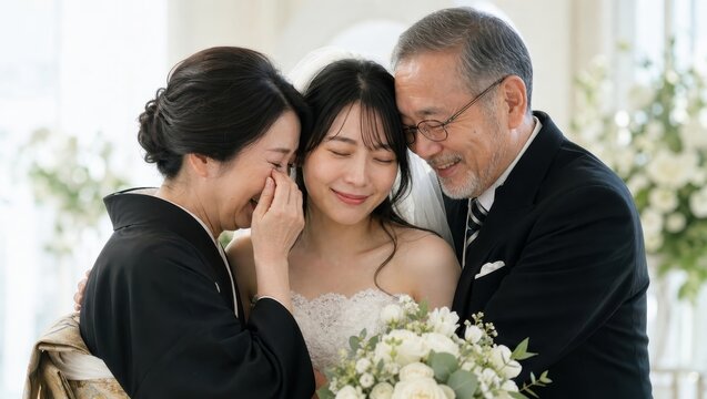 両親に抱きしめられる花嫁の感動場面