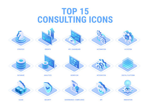 Top Technology and Consulting icons set for workflow diagram - AI, business strategy, integration, data, automation, analytics, platform, API, security, governance - isometric vector isolated on white