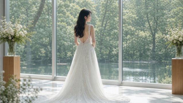 湖を望む窓辺に立つ背中開きドレスの花嫁