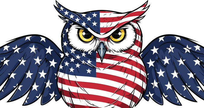 American owl with flag pattern on feathers wings