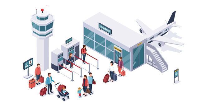Isometric illustration of an airport terminal with passengers, a control tower, and an airplane at the gate, depicting travel and aviation.