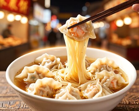 Zhu Sheng Yun Tun Mian wonton noodle soup served at a night market