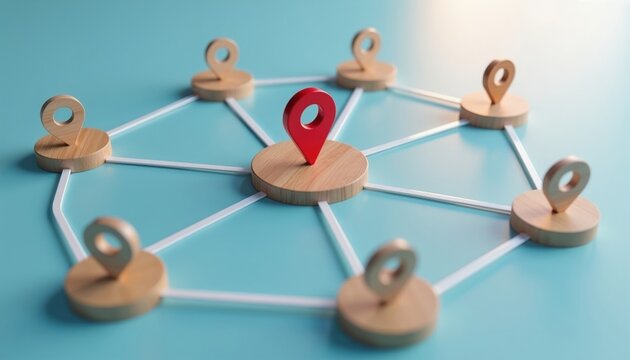 Central red pin connects to surrounding wooden pins in a networked pattern. Concept shows business expansion, franchise locations, and communication links. Represents strategy and organization.