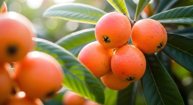 Fresh loquat fruits hanging on a tree branch in a sunny orchard