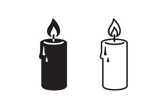 Isolated vector illustration of a burning wax candle with a glowing yellow flame and red wick for Christmas holiday decoration