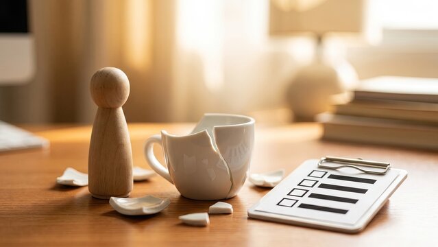 A wooden peg figure standing beside a small broken ceramic object on a desk with a clipboard, representing insurance claim and damage report.