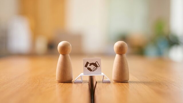 Two wooden peg figures facing each other across a gap on a desk with a handshake bridge icon, symbolizing conflict resolution and mediation.