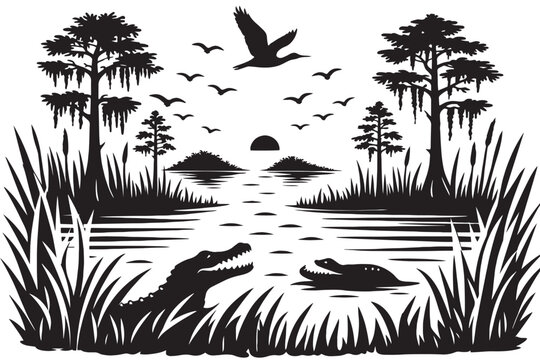 Vintage Florida swamp landscape vector, black and white bayou scene with alligators and cypress trees, wild river sunset with flying birds