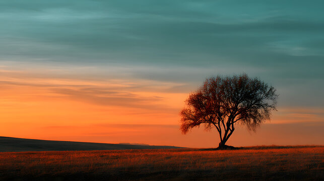Lone tree silhouette against pale horizon and wide sky 