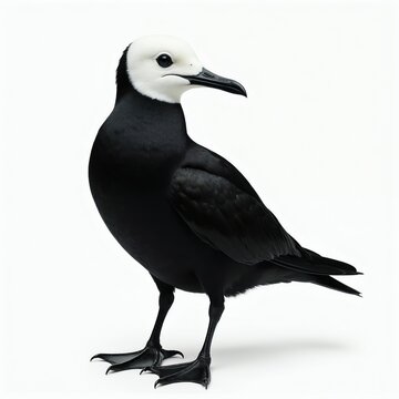 Black noddy bird with white head stands still. This elegant seabird has dark plumage, sharp beak, and webbed feet. Realistic avian profile on isolated white background.