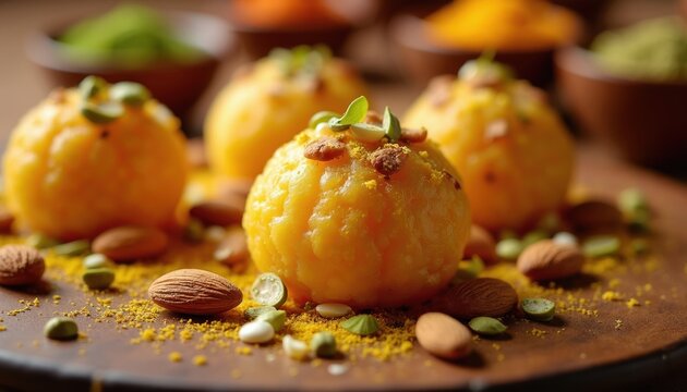 Yellow bundi laddu sweets are garnished with almonds pistachios and spices. Indian dessert food arranged on plate with nuts. Delicious round snack for celebration.