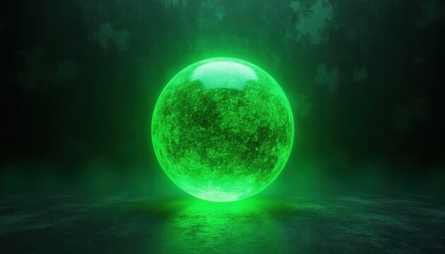 Glowing green orb with textured surface sits on wet dark ground. Subtle fog and grunge texture on backdrop. Abstract science fiction or fantasy element.