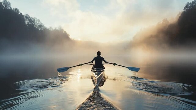 A lone rower navigates a tranquil lake embraced by mist. Capturing a sense of determination and serenity, a scene of solitude and the beauty of nature.