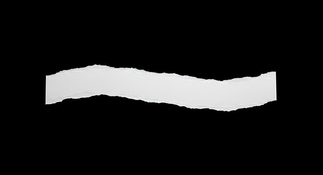 Torn white paper strip with deckled edges isolated on a solid black background