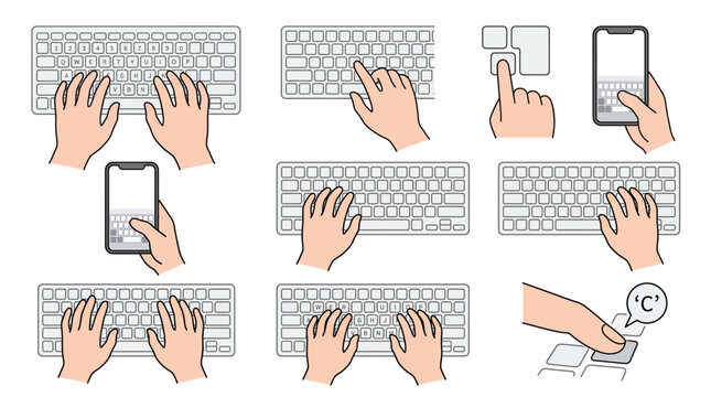 Hands Typing Keyboard Clip Art Sheet Set Vector White Background