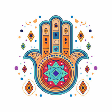 Colorful Hamsa Hand Illustration with Geometric Patterns