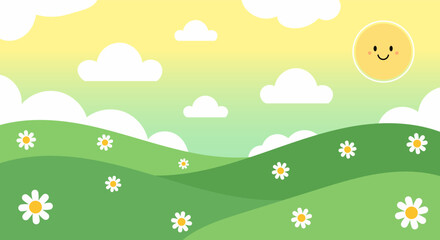 Obraz premium Whimsical cartoon landscape with smiling sun and daisies on rolling green hills