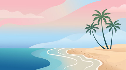 Obraz premium Serene tropical beach scene with palm trees and gentle ocean waves at sunset