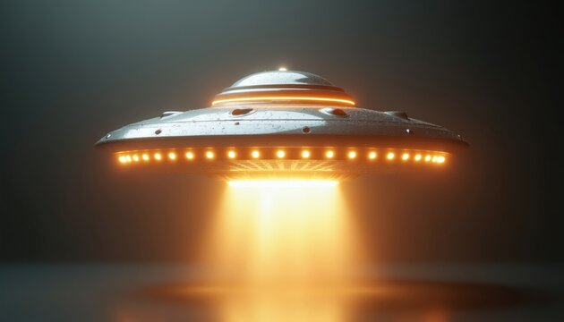 Silver disc shaped craft hovers emitting bright orange light beam. Illuminated alien spaceship descends from dark sky. Mysterious visitor from outer space arrives.