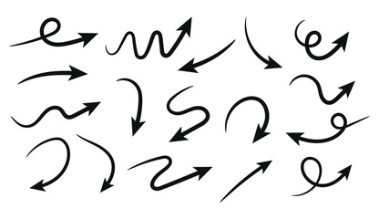 Fototapeta premium Collection of hand drawn black arrows with various curved and isolated on transparent background