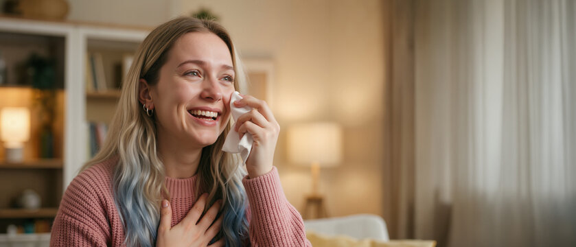 Young woman crying tears of joy and smiling. Happy female wiping eyes with tissue in cozy home. Emotional moment of happiness and gratitude. Banner with copy space on the right