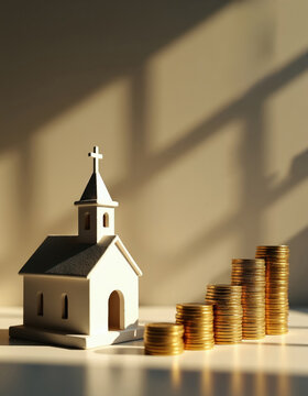Miniature church building beside ascending stacks of gold coins. Concept shows financial contribution to religious institutions or increasing wealth via faith and prayer.