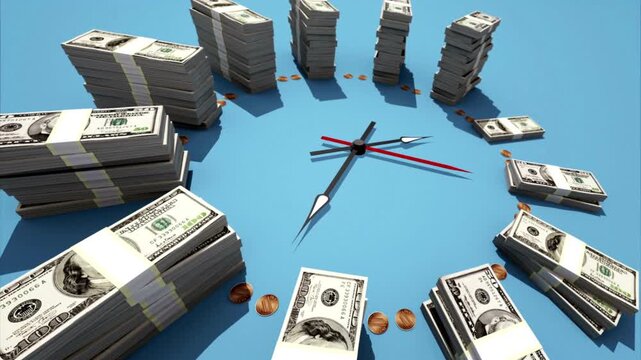 Concept of Time is Money with Clock Made of 100 Dollar Bill Stacks