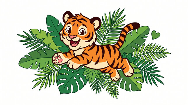 Playful tiger cub mascot jumping tropical leaves conservation vector illustration