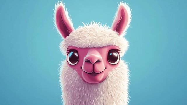 A charming llama, radiating warmth and friendliness, with a fluffy, white coat and expressive eyes. The vibrant blue background perfectly complements the llama's features.