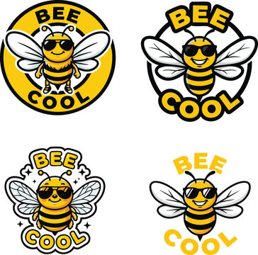 Set of four cute bee cartoon characters wearing sunglasses and the text \"BEE COOL\" above and below them, great for stickers and t-shirts