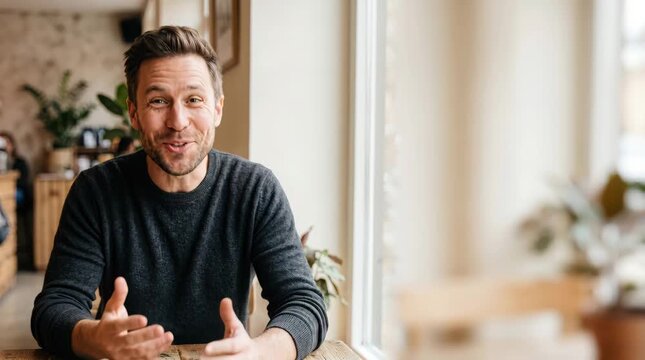 Happy handsome man talking to the camera and smiling. Positive person in a video call or interview. Communication concept with copy space