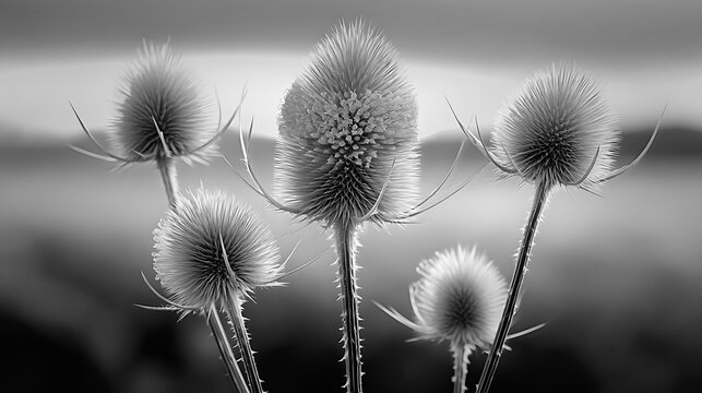Dried wild teasel seed heads in a black and white landscape