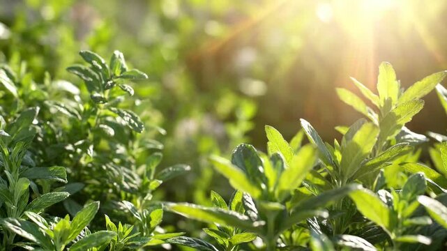 Sunlit Greenery: A vibrant, close-up shot of lush green plants basks in the warm glow of sunlight, symbolizing life and nature.