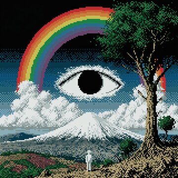 Pixel art surreal landscape with rainbow and giant eye in cloudy sky. Snowy mountain, green tree and white standing figure overlooking colorful fields. Dreamlike digital vision of nature and mystery.