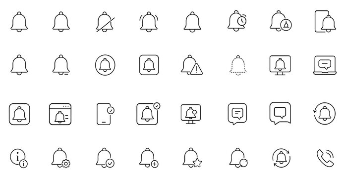 Notification bell icon set with alert, mute, notice, alarm signs, message reminders, push notifications, clock, phone alerts, calendar events, application signals, vector illustration