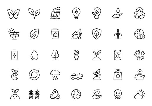 Ecology icon set with biodiversity, nature, pollution, hydro power, energy, environment, renewable resources, climate conservation, and sustainable green earth vector illustration