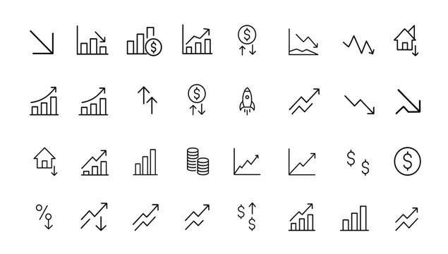 Editable stroke Increase and Decrease icon set with stock market, profit, growth, fall, launch, up, down, and more icons. Vector illustration for finance, economy, investment, trend